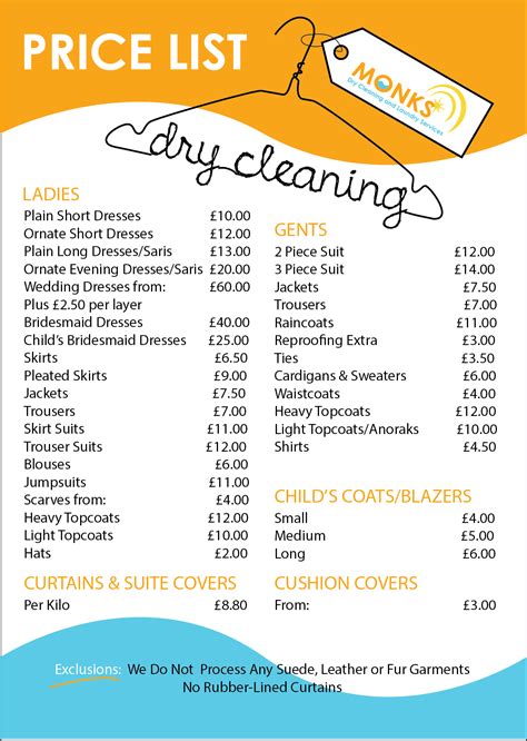 timpsons cleaners price list.